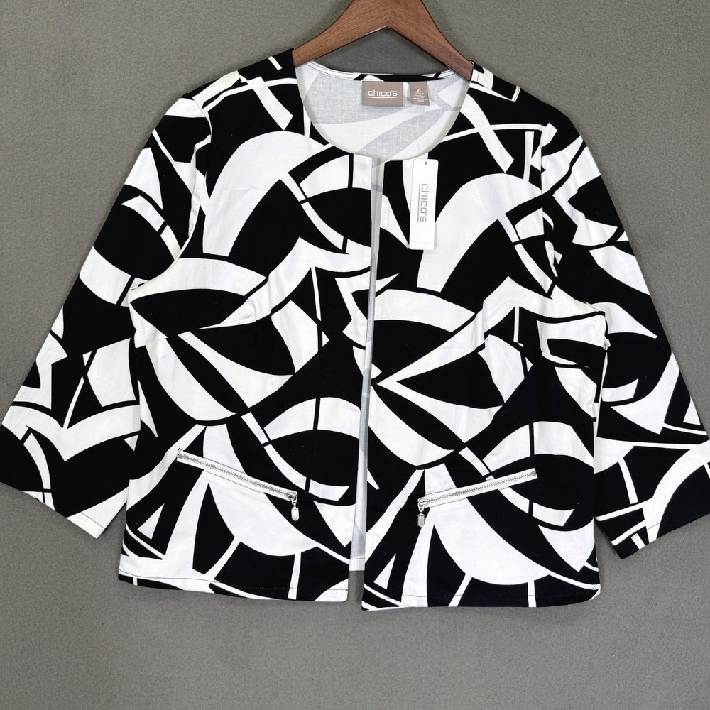 New Chico's Katarina Jacket Women 2 Black White Abstract Cotton 3/4 Sleeve